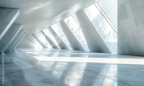 An expansive, futuristic interior with flowing white curves and oval windows creating a serene, high-key space with abundant natural light.