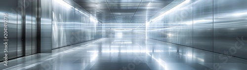 A futuristic and sleek curved corridor with highly reflective surfaces creating a spacious and otherworldly atmosphere.