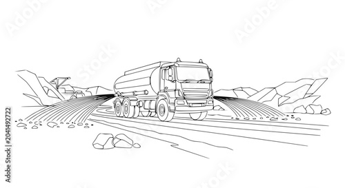 Foto Water truck spraying water on dry road for dust control, line art illustration
