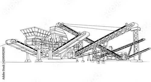 Bild auf Leinwand Industrial aggregate crushing plant, heavy machinery for mining and construction, engineering blueprint