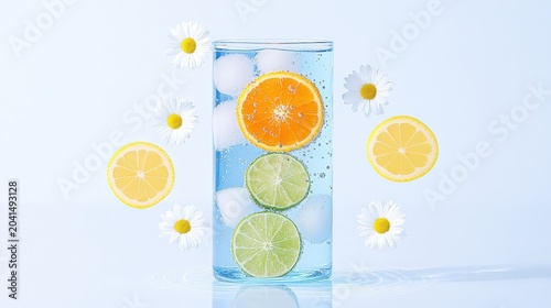 Refreshing Citrus Drink with Ice Cubes and Daisies on Bright Background for Summer Vibes and Hydration