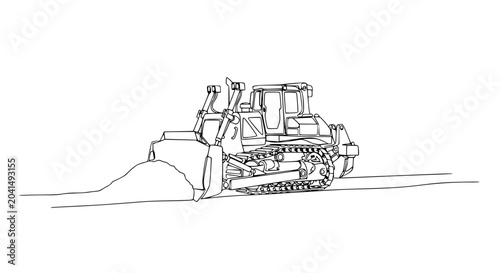 Dozer pushing dirt, construction equipment line art, heavy machinery illustration