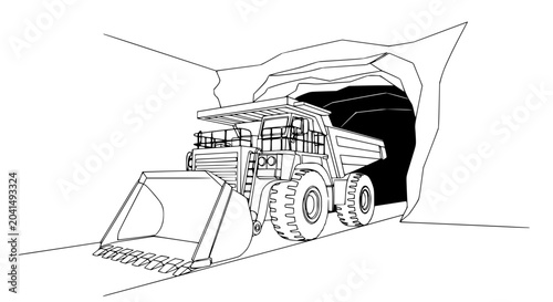 Photography Mining Truck Emerging from Dark Tunnel Entrance, Heavy Machinery Illustration