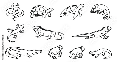 Foto Minimalist reptile line art icons, set of 11 black and white amphibian vector il