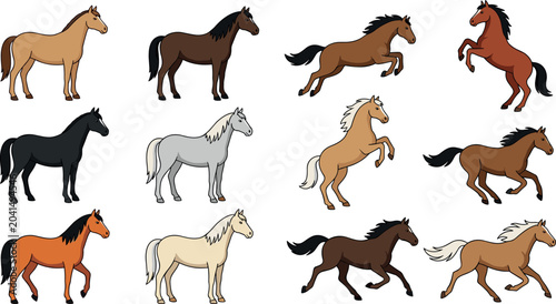 Konstfotografi Horse Silhouette and Cartoon Character Vector Set Featuring Running Jumping Stan