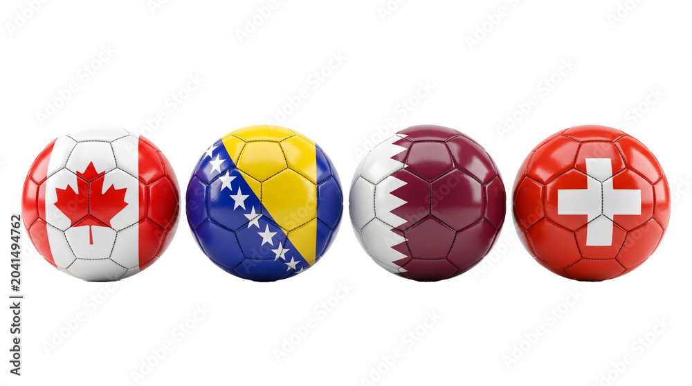 Naklejka premium World Cup 2026 GROUP B teams ball flags. 3d illustration. 
