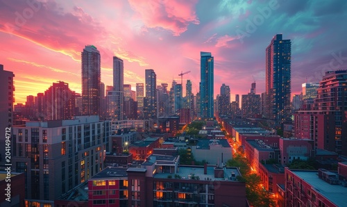 view of a city skyline from a rooftop garden, skyscrapers bathed in the soft light of a summer sunset