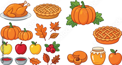 Bild auf Leinwand Thanksgiving and Autumn Harvest Vector Element Set with Pumpkin, Roasted Turkey,