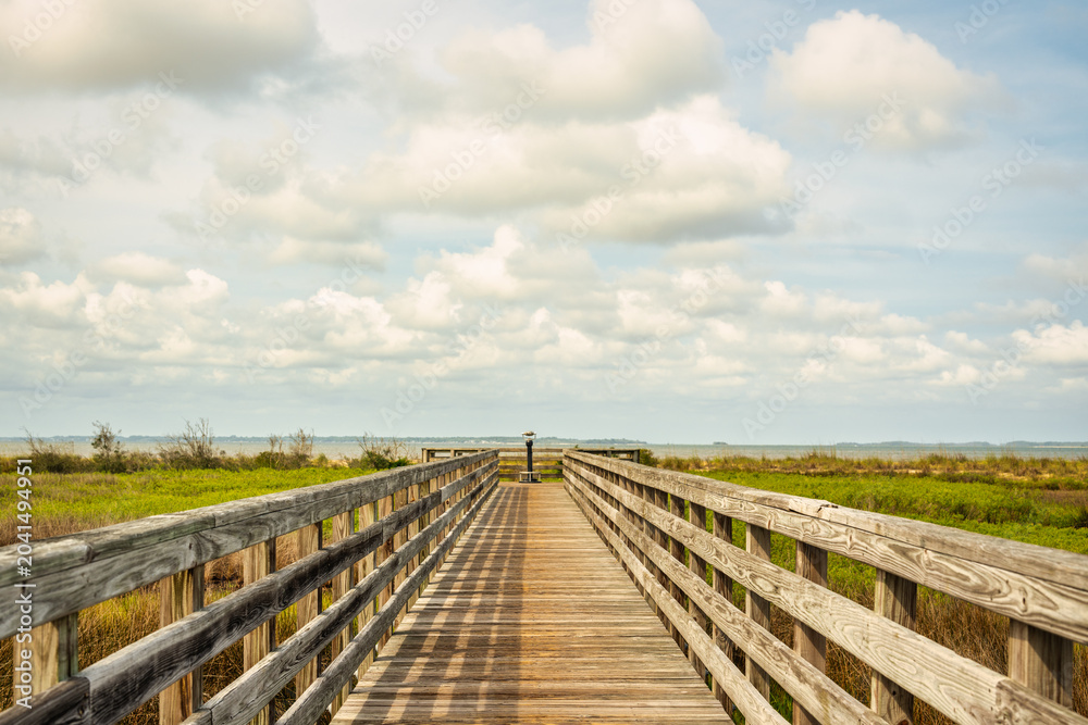 Obraz premium Wooden walkway on boardwalk leads to water with cloudy sky in the background during daytime in natural setting