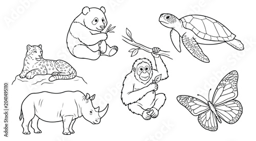 Photos Wild animal coloring page vector set, endangered species line art collection, bl