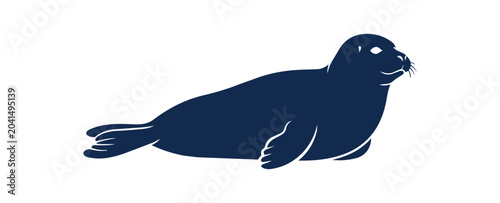 Silhouette of a dark blue seal lying down on a white background.