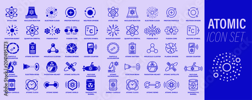 Bild auf Leinwand Atomic icon set with atom, nuclear reactor, fusion energy and quantum physics li