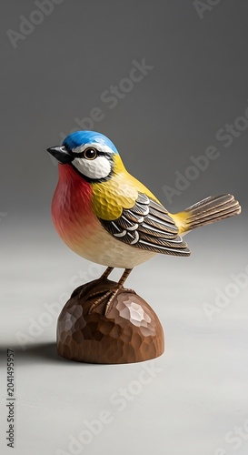 Hand-carved wooden blue tit bird figurine perched on a textured base, detailed painting, realistic, charming, decorative art piece.