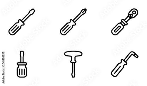 Fotografía Set of 6 Hand Tool Icons: Screwdrivers, Ratchet Wrench, Allen Key, T-Handle Wren