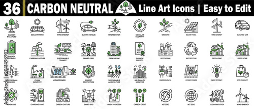Carbon neutral line art icons pack. Contains carbon-balanced solar power, wind energy, electric vehicles, and others.