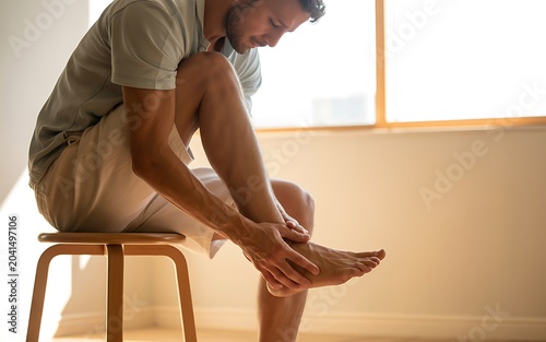 Man holding ankle with pain in foot and leg sitting on stool.
