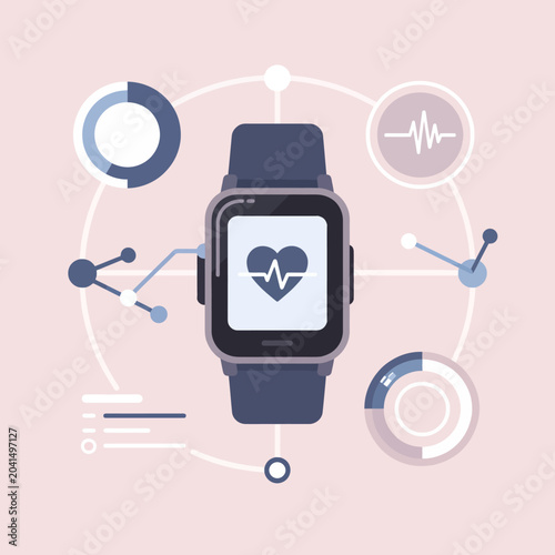 A smartwatch with health monitoring icons on a light pink background