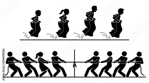 Tableau sur toile Team Competition in Sack Race and Tug of War