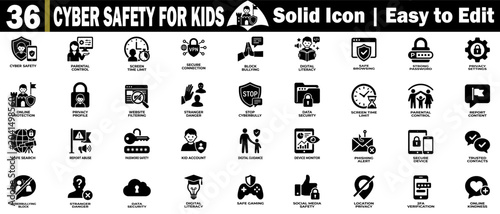 Bild auf Leinwand Cyber safety for kids solid icons set