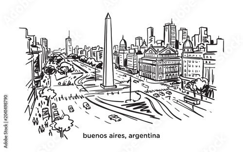 Fotografie Buenos Aires Argentina Skyline Line Art, Obelisk Plaza de Mayo Vector Layout