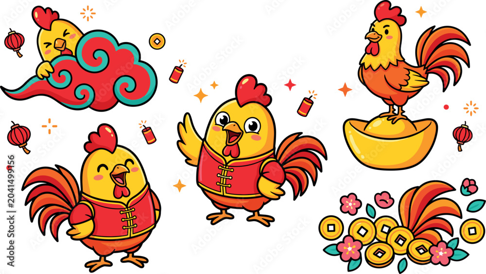 Obraz premium Cute Chinese New Year Rooster Cartoon Character Sticker Set Featuring Kawaii Chicken Mascots with Gold Sycee Coins Lanterns and Firecrackers Graphics