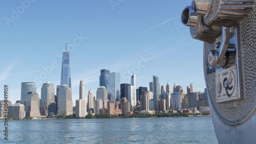 New York City Manhattan Downtown Financial District skyline, World Trade Center from New Jersey Liberty state park, United States. Hudson river waterfront cityscape, skyscraper buildings, tower viewer