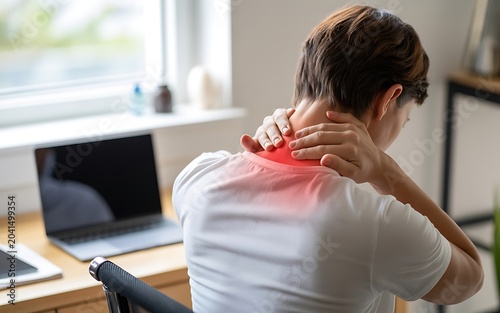 Person feeling neck pain and rubbing shoulders with red highlighted pain area.