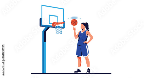 Athletic female basketball player in a blue uniform skillfully spins a ball on her finger on the court in a sports arena during training session.