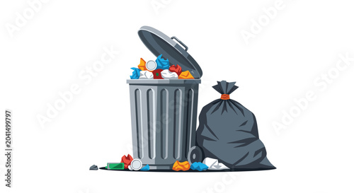 Overfilled metal trash can with colorful rubbish and a large black garbage bag on the ground representing waste management and pollution issues.