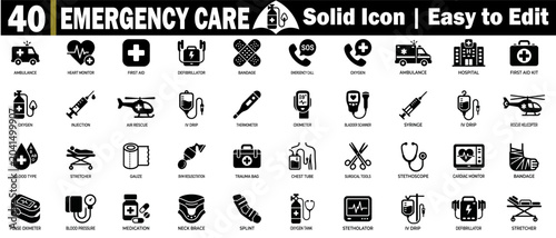 Emergency care solid icons set. Including heart monitor, first aid kit, medical equipment, oxygen tank, and ambulance symbols pack.