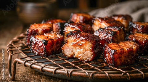 Deliciously Glazed Pork Belly Bites on a Cooling Rack.