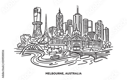 Tableau sur toile Melbourne Australia Skyline Landscape Line Art, Yarra River Minimalist Design