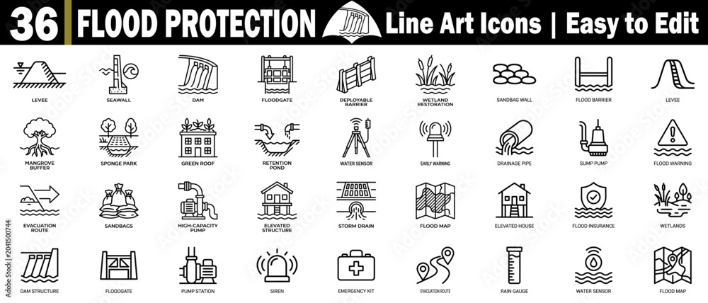 Obraz premium Flood protection line art icons for disaster management and safety measures, durable defense solutions.
