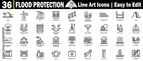 Canvas Print Flood protection line art icons for disaster management and safety measures, durable defense solutions