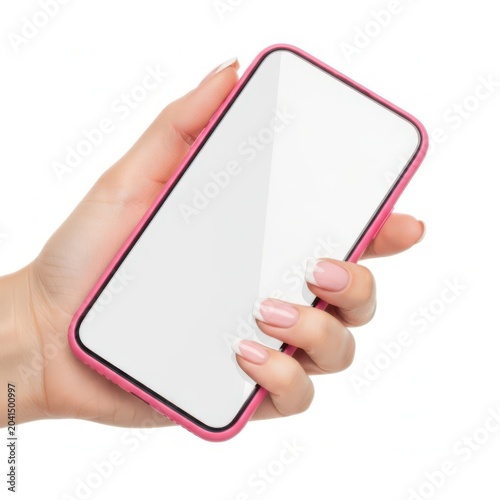 Woman hand holding a modern pink smartphone with a blank screen for your design