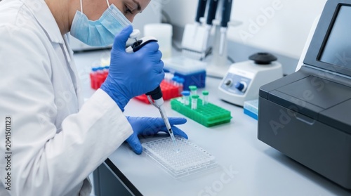 Scientist in lab coat and gloves using pipette to transfer liquid into microplate for research