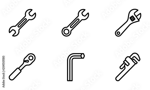Obraz na płótnie Set of 6 Hand Tool Icons: Wrenches, Ratchet, Allen Key, Pipe Wrench, Mechanic To