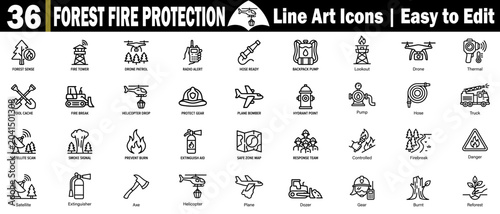 Forest fire protection line art style vector icons. Featuring emergency response and safety equipment.