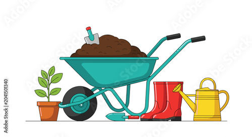 Collection of gardening equipment including a wheelbarrow full of soil, a watering can, boots, shovels, and a potted plant.