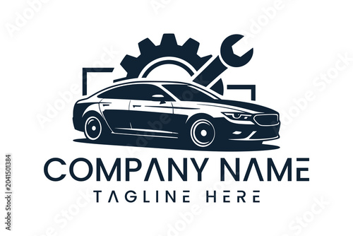 Automotive repair and maintenance logo design featuring a car and gear