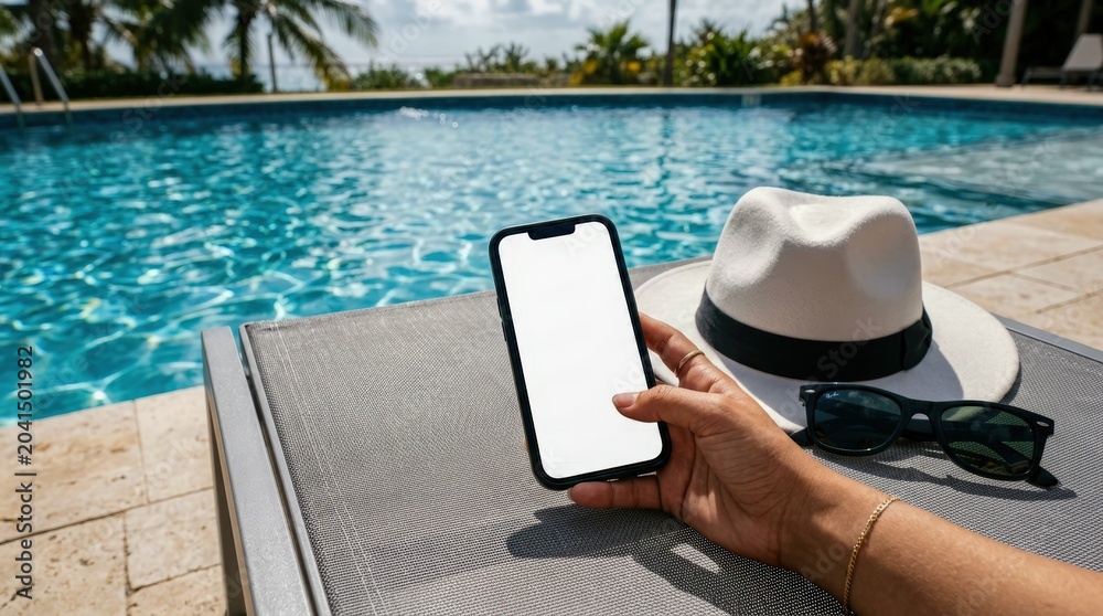 Obraz premium Relaxing by the pool with a smartphone and hat.