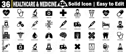 Healthcare and medicine solid icons. Featuring medical equipment, a doctor, a nurse, an ambulance, a hospital, and emergency treatment symbols.