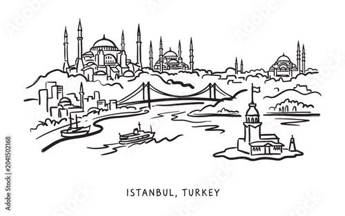 Quadro su tela Istanbul Turkey City Skyline Line Art, Bosphorus Bridge Mosque Vector Layout