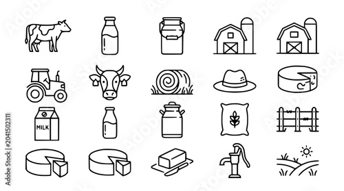 Canvas-taulu Farm Icons Set: Cow, Tractor, Milk, Barn, Cheese, Hay - Agriculture & Dairy Elem