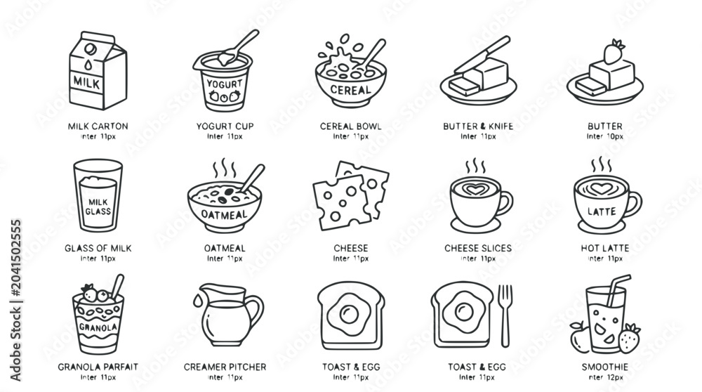 Fototapeta premium Hand-drawn Breakfast Food Icons: Milk, Cereal, Yogurt, Coffee, Toast, Eggs, Cheese & More