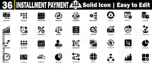 Installment payment solid icons. Featuring split payment schedule, a recurring agreement, and an easy-to-edit finance management vector element. 
