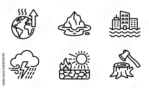 Fotografie Climate Change Icons Set: Global Warming, Melting Iceberg, Flooded City, Storm,