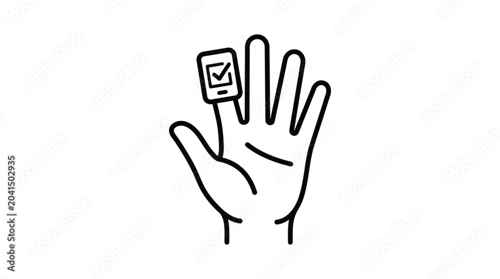Obraz premium Minimalist black and white line art illustration of a human hand wearing a small digital device with a check mark symbol on a white background