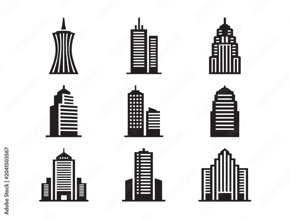 Obraz premium Skyscraper icons set in solid black line art