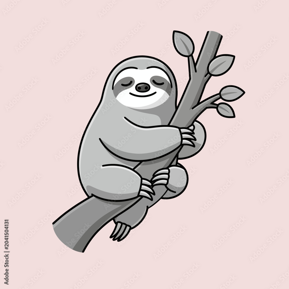 Obraz premium A cute cartoon sloth is sleeping peacefully on a tree branch